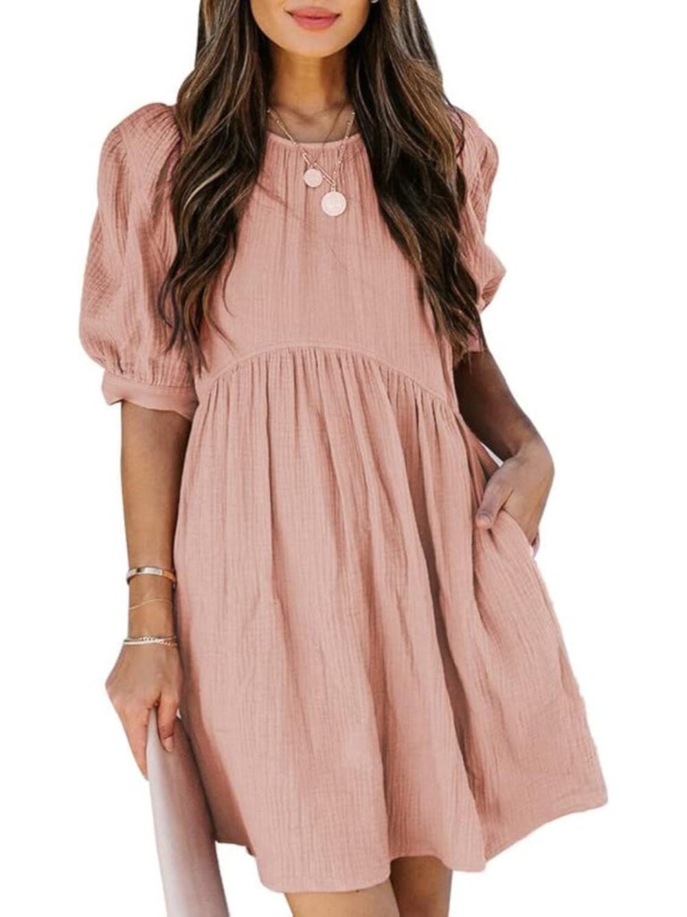 Womens Summer Crewneck Puff Sleeve Babydoll Mini Dress